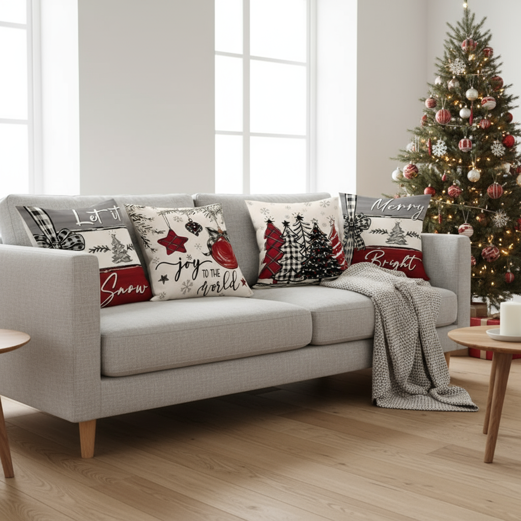 Rustikale Weihnachtskissenbezüge | 4er Set Dekokissen im Bauernhaus-Stil | Festliche Sofakissen für Winter & Feiertage
