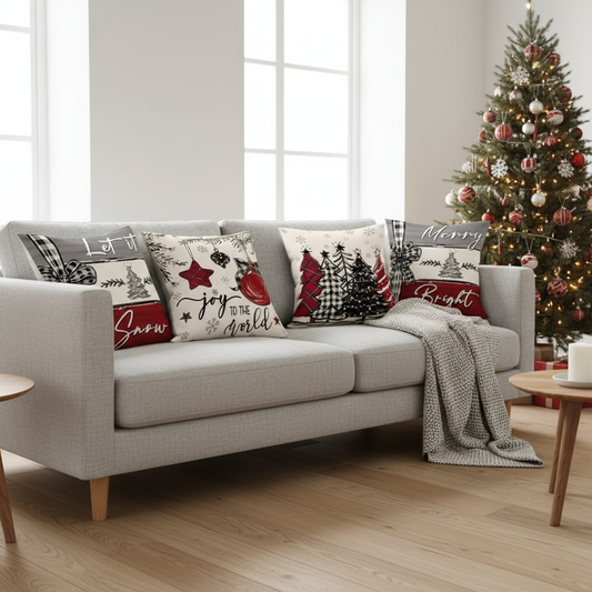 Rustikale Weihnachtskissenbezüge | 4er Set Dekokissen im Bauernhaus-Stil | Festliche Sofakissen für Winter & Feiertage