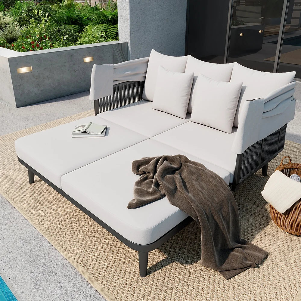Velvyn Shade | 2-Sitzer Gartensofa mit ausziehbarem Sonnendach aus Stahl