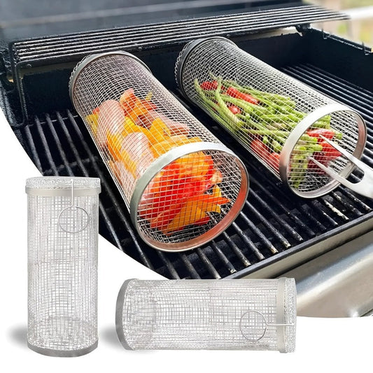 GrillSpinz BBQ drumset van 2 | Draaibare grillmand van roestvrij staal voor groenten, vlees en zeevruchten