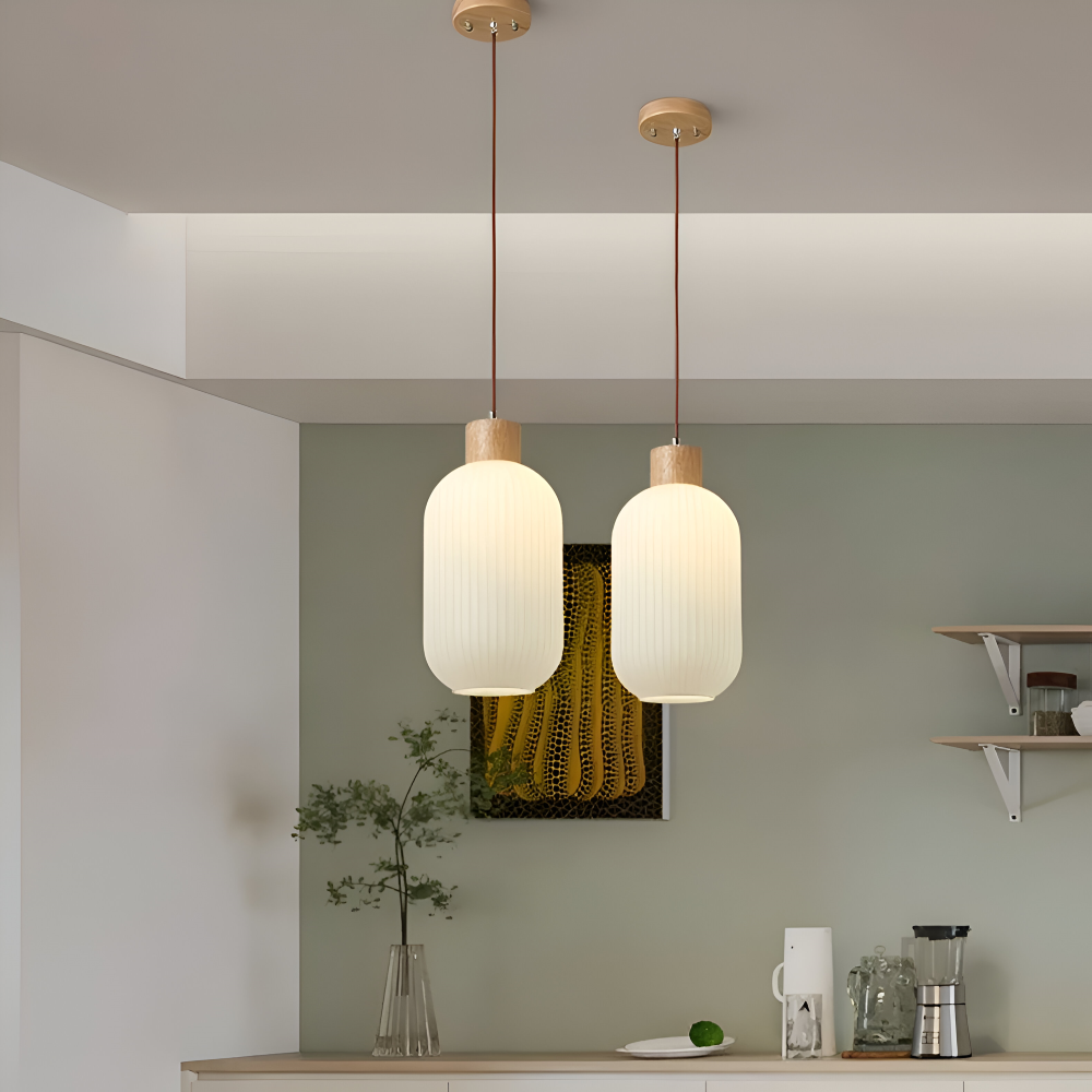 AkariLuxe Pendelleuchte – Elegante Hängelampe aus weißem, geripptem Glas im japanischen Stil