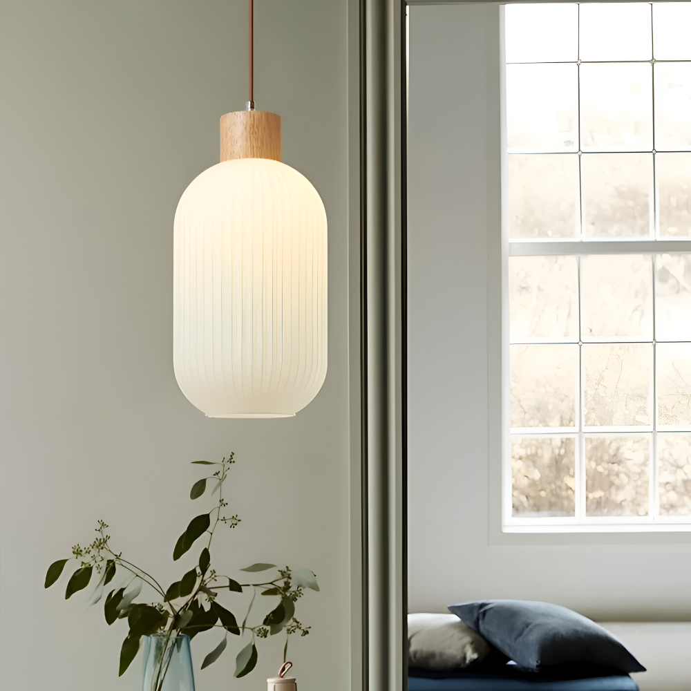 AkariLuxe Pendelleuchte – Elegante Hängelampe aus weißem, geripptem Glas im japanischen Stil
