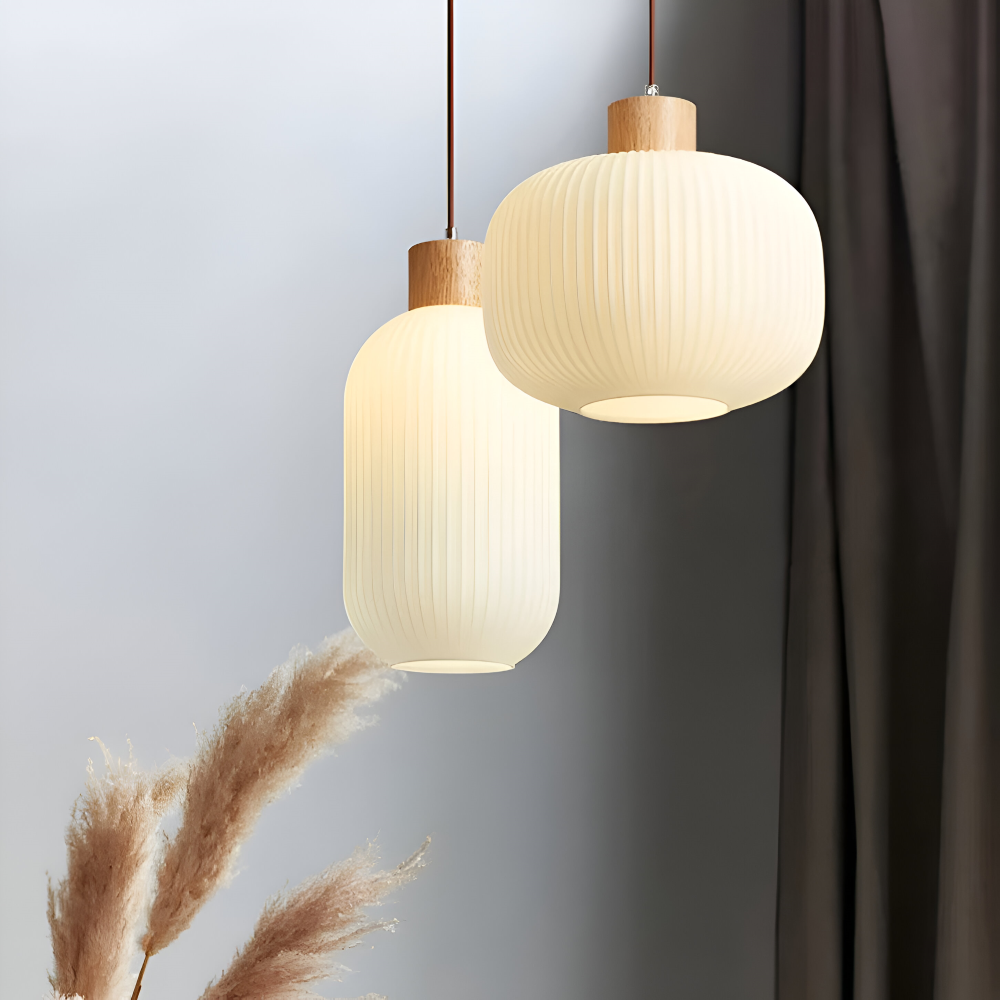 AkariLuxe Pendelleuchte – Elegante Hängelampe aus weißem, geripptem Glas im japanischen Stil