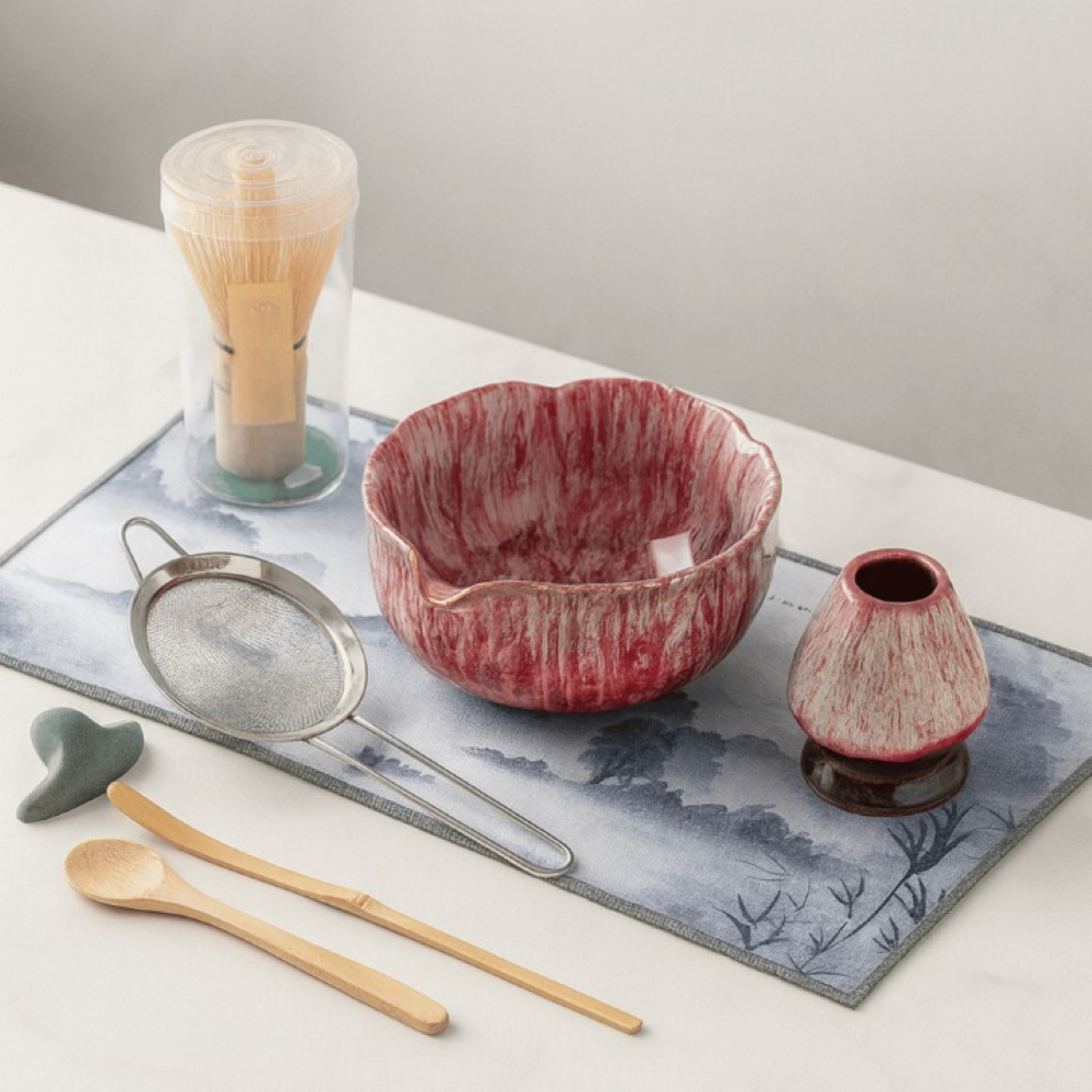 Matcha Set 8 Teilig | Handgefertigte Keramikschale 550 ml | Mit Bambus Zubehör