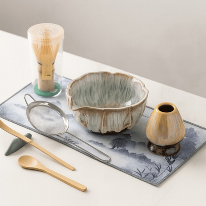 Matcha Set 8 Teilig | Handgefertigte Keramikschale 550 ml | Mit Bambus Zubehör