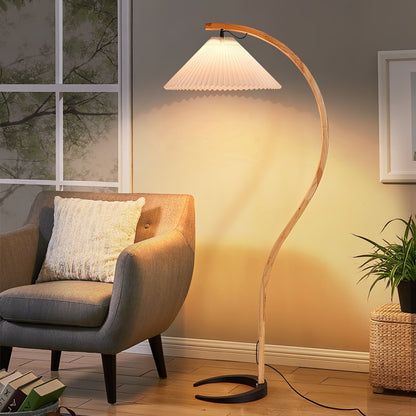 Mollera Arc | Stehleuchte aus Holz mit Leinenlampenschirm im Caprani-Stil