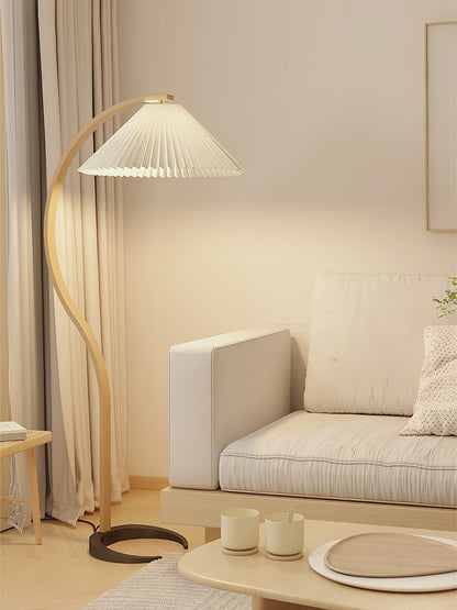 Mollera Arc | Stehleuchte aus Holz mit Leinenlampenschirm im Caprani-Stil