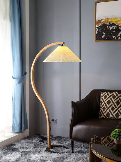 Mollera Arc | Stehleuchte aus Holz mit Leinenlampenschirm im Caprani-Stil