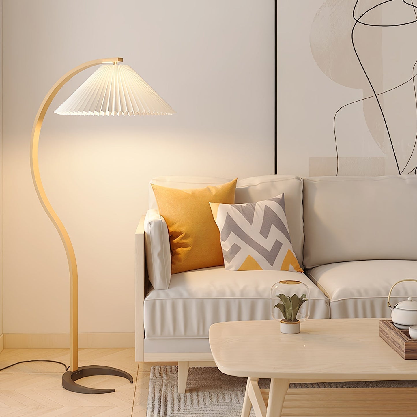 Mollera Arc | Stehleuchte aus Holz mit Leinenlampenschirm im Caprani-Stil