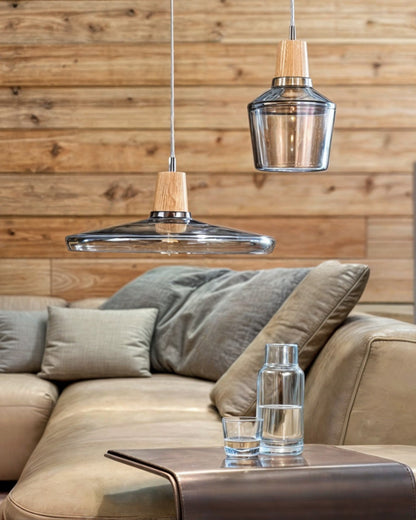 Loftlampe – Moderne nordische Glasleuchte mit Holzsockel (E27)
