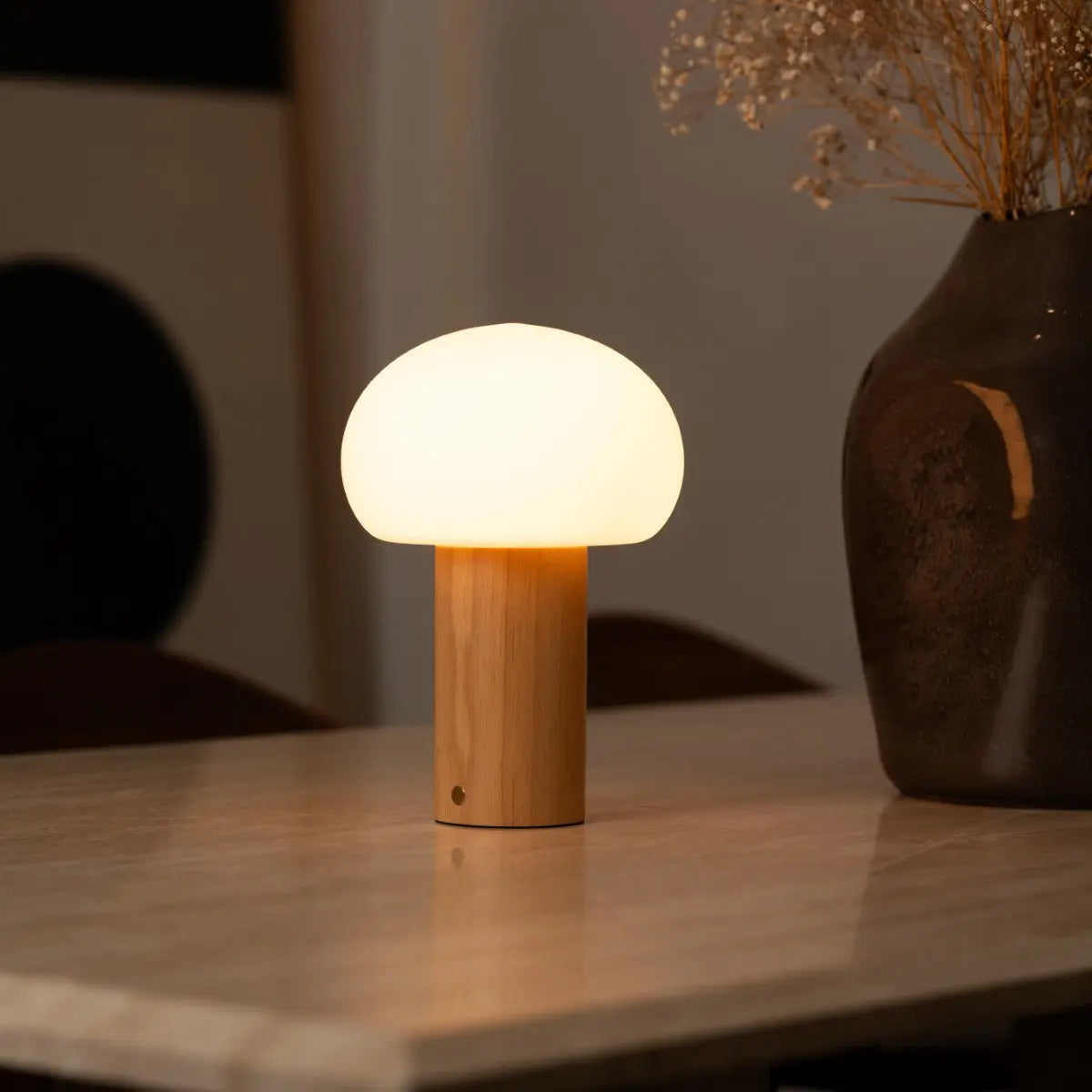 Lumari Senso | Dimmbarer Tischleuchte aus Holz und Glas mit Akku