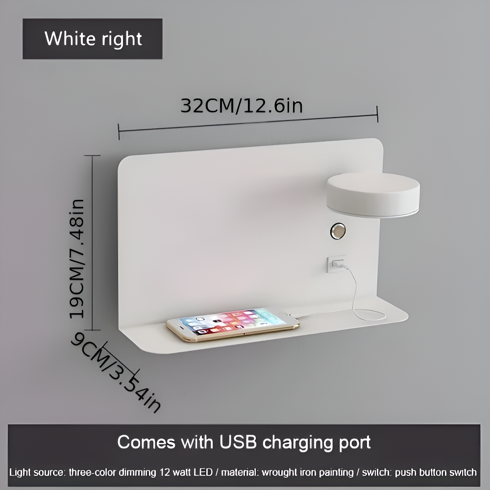 DualDelight Wandleuchte | Aluminium LED Nachttischlampe | Mit Regal & USB-Ladeanschluss