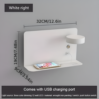 DualDelight Wandleuchte | Aluminium LED Nachttischlampe | Mit Regal & USB-Ladeanschluss