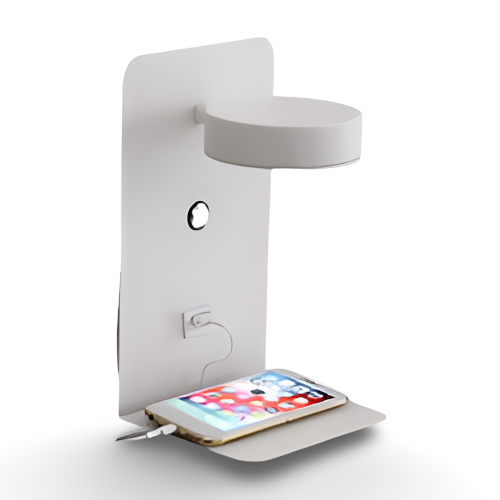DualDelight Wandleuchte | Aluminium LED Nachttischlampe | Mit Regal & USB-Ladeanschluss