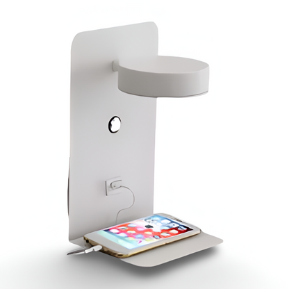 DualDelight Wandleuchte | Aluminium LED Nachttischlampe | Mit Regal & USB-Ladeanschluss