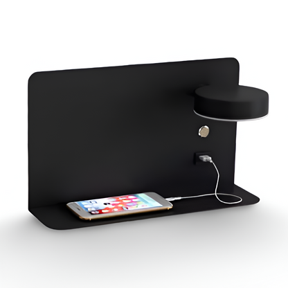 DualDelight Wandleuchte | Aluminium LED Nachttischlampe | Mit Regal & USB-Ladeanschluss