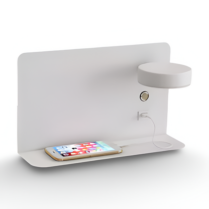 DualDelight Wandleuchte | Aluminium LED Nachttischlampe | Mit Regal & USB-Ladeanschluss