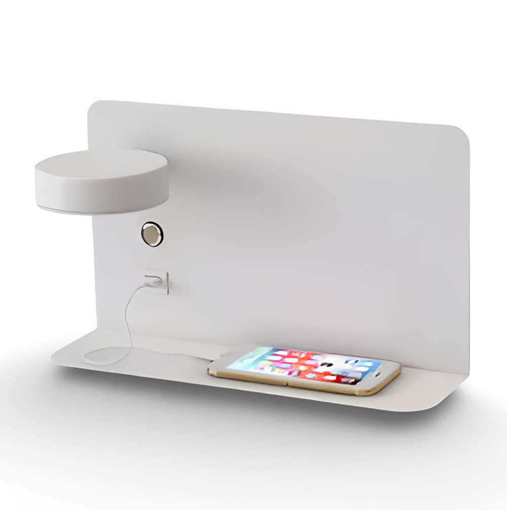 DualDelight Wandleuchte | Aluminium LED Nachttischlampe | Mit Regal & USB-Ladeanschluss