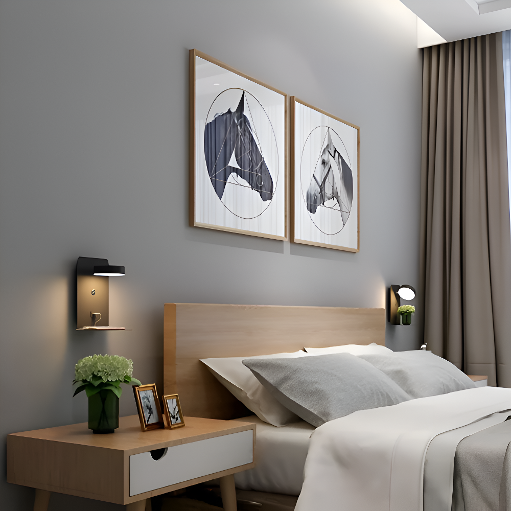 DualDelight Wandleuchte | Aluminium LED Nachttischlampe | Mit Regal & USB-Ladeanschluss