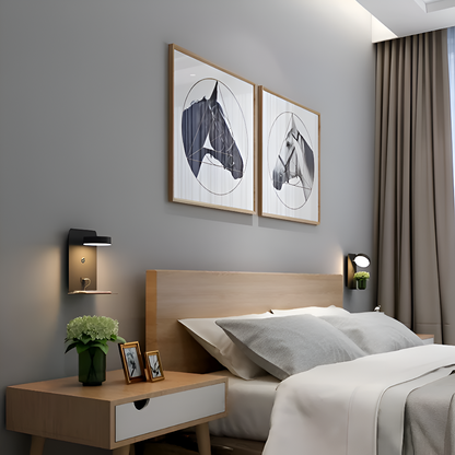 DualDelight Wandleuchte | Aluminium LED Nachttischlampe | Mit Regal & USB-Ladeanschluss