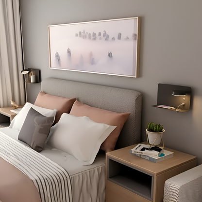 DualDelight Wandleuchte | Aluminium LED Nachttischlampe | Mit Regal & USB-Ladeanschluss