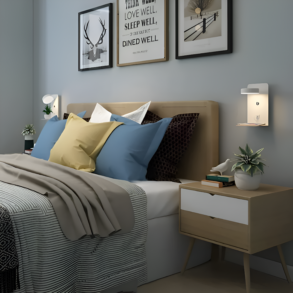 DualDelight Wandleuchte | Aluminium LED Nachttischlampe | Mit Regal & USB-Ladeanschluss