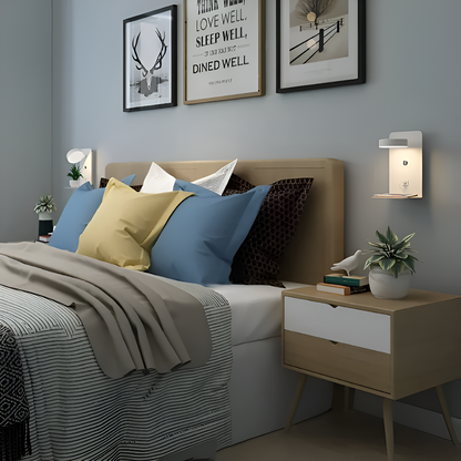 DualDelight Wandleuchte | Aluminium LED Nachttischlampe | Mit Regal & USB-Ladeanschluss