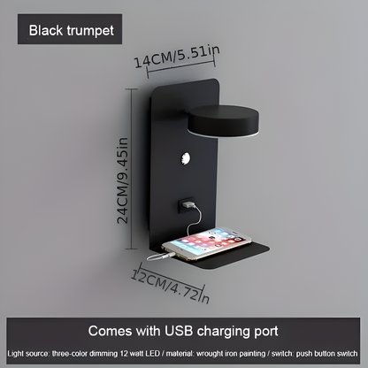 DualDelight Wandleuchte | Aluminium LED Nachttischlampe | Mit Regal & USB-Ladeanschluss