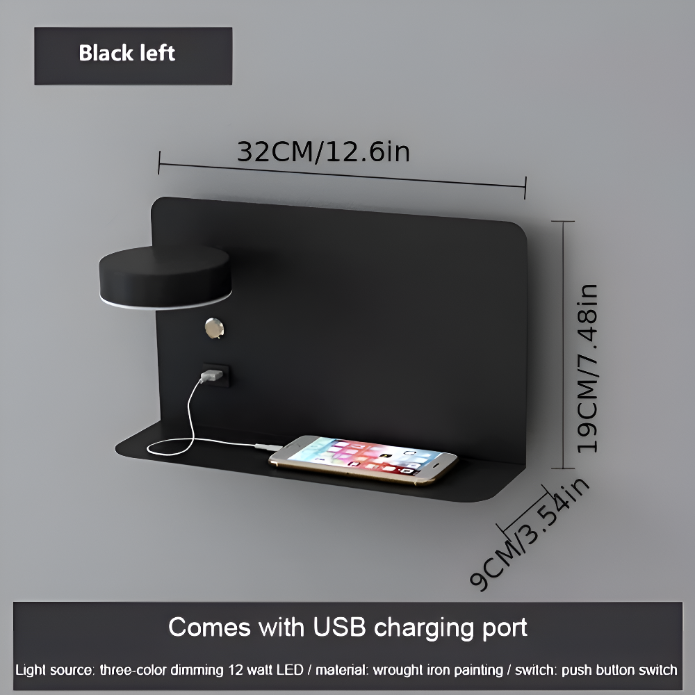 DualDelight Wandleuchte | Aluminium LED Nachttischlampe | Mit Regal & USB-Ladeanschluss