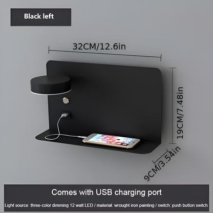 DualDelight Wandleuchte | Aluminium LED Nachttischlampe | Mit Regal & USB-Ladeanschluss