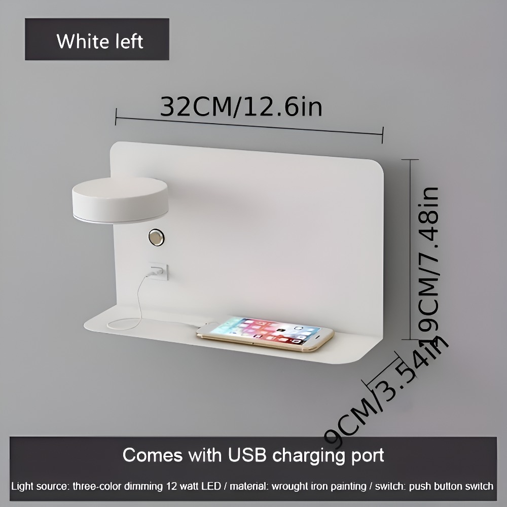 DualDelight Wandleuchte | Aluminium LED Nachttischlampe | Mit Regal & USB-Ladeanschluss