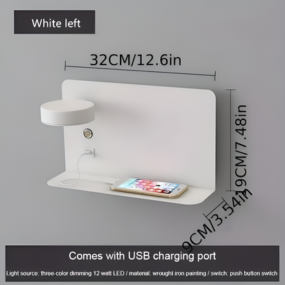 DualDelight Wandleuchte | Aluminium LED Nachttischlampe | Mit Regal & USB-Ladeanschluss