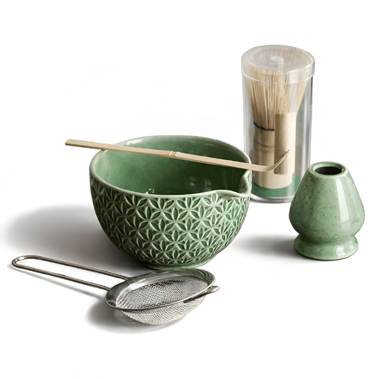 Matcha Set 5/6 Teilig | Grüne Keramikschale 500 ml | Mit Bambus Zubehör