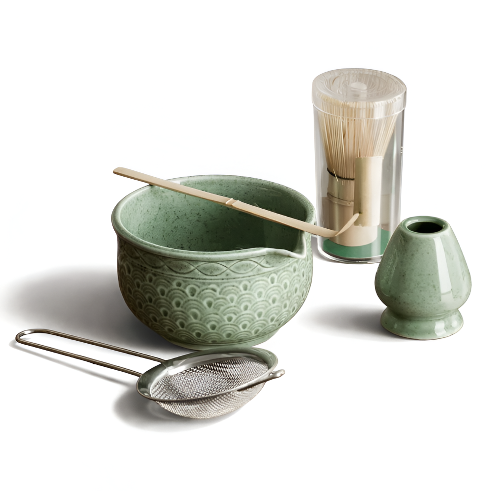 Matcha Set 5/6 Teilig | Grüne Keramikschale 500 ml | Mit Bambus Zubehör