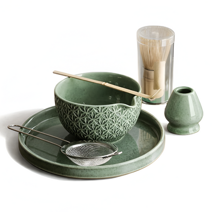 Matcha Set 5/6 Teilig | Grüne Keramikschale 500 ml | Mit Bambus Zubehör
