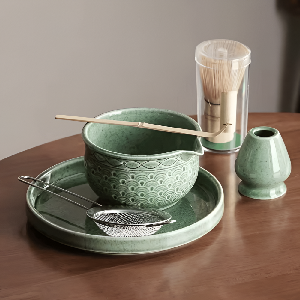Matcha Set 5/6 Teilig | Grüne Keramikschale 500 ml | Mit Bambus Zubehör