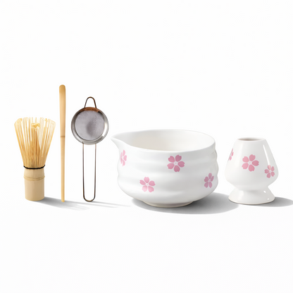 Matcha Set 5 Teilig | Weiße Florale Schale 460 ml | Mit Bambusbesen | Keramik