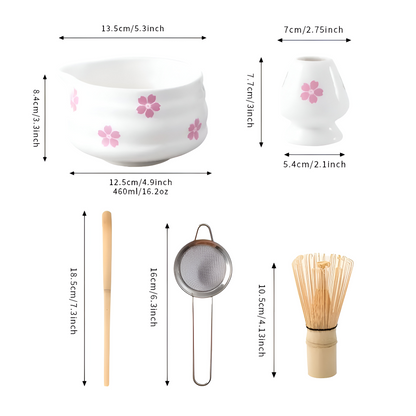 Matcha Set 5 Teilig | Weiße Florale Schale 460 ml | Mit Bambusbesen | Keramik