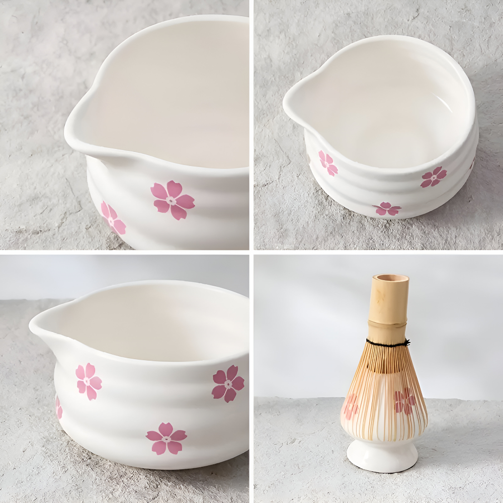 Matcha Set 5 Teilig | Weiße Florale Schale 460 ml | Mit Bambusbesen | Keramik