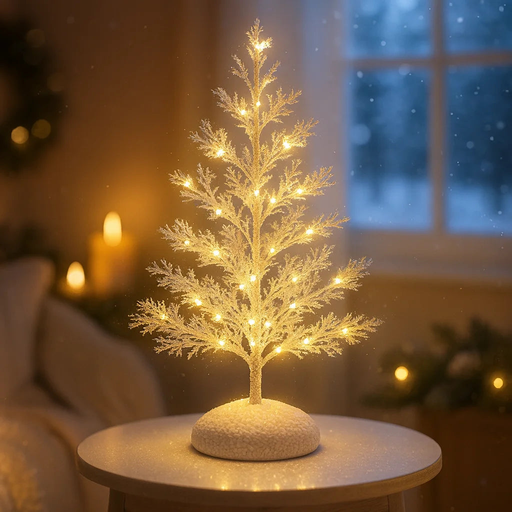 Frosted Winterbaum | Künstlicher Weihnachtsbaum mit Warmweißen LED-Lichtern | Dekobaum 55 cm mit Schneeeffekt