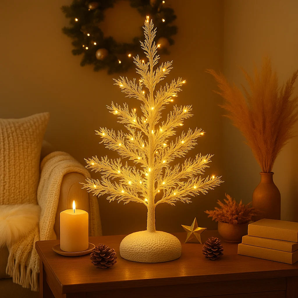 Frosted Winterbaum | Künstlicher Weihnachtsbaum mit Warmweißen LED-Lichtern | Dekobaum 55 cm mit Schneeeffekt