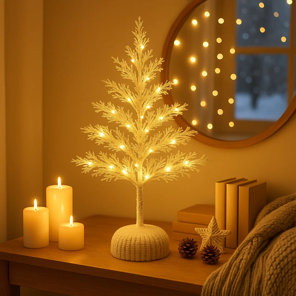 Frosted Winterbaum | Künstlicher Weihnachtsbaum mit Warmweißen LED-Lichtern | Dekobaum 55 cm mit Schneeeffekt