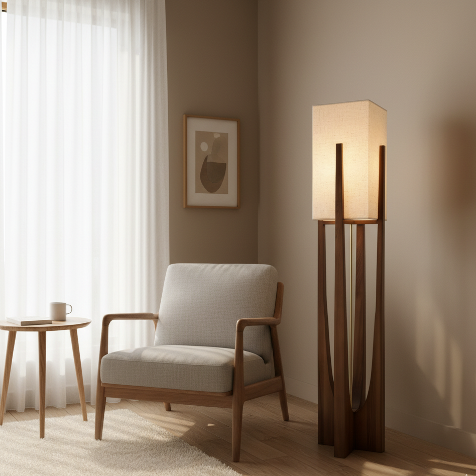 Wabi Sabi Stehlampe | Japanisches Design | Handgefertigt aus Stoff & Holz