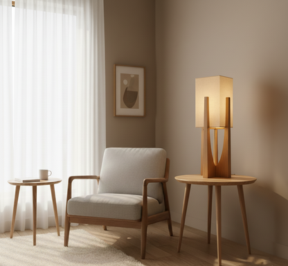 Wabi Sabi Stehlampe | Japanisches Design | Handgefertigt aus Stoff & Holz