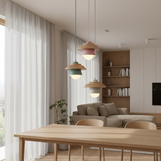 ScandiGlow Pendelleuchte – Nordische LED Hängelampe aus Holz & Metall im Macaron-Design