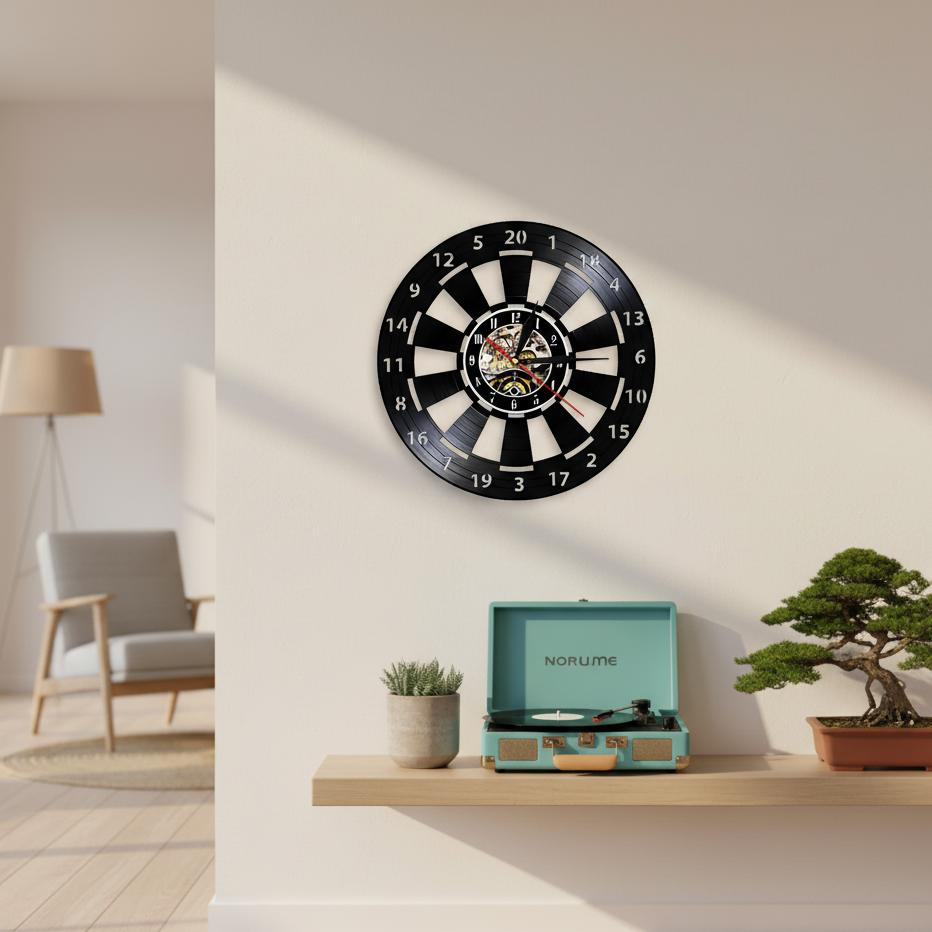 VinylDart | Vintage-Dart-Wanduhr aus Vinyl | Geräuschloses Uhrwerk & Retro-Design für Clubs, Bars & Spielräume