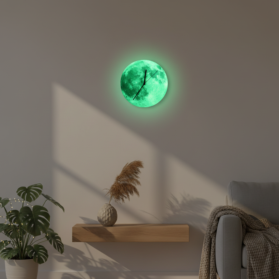 Lunaris Glow | Glow-in-the-Dark Mond-Wanduhr | Leuchtendes Wanddesign für Tag & Nacht