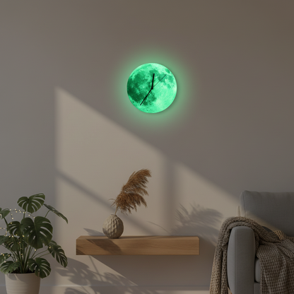 Lunaris Glow | Glow-in-the-Dark Mond-Wanduhr | Leuchtendes Wanddesign für Tag & Nacht
