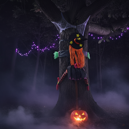 Halloween Baumkletternde Hexe – Schaurige Gartendeko mit orangefarbenem Haar