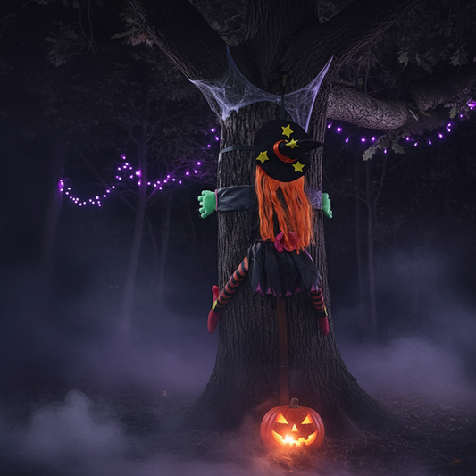 Halloween Baumkletternde Hexe – Schaurige Gartendeko mit orangefarbenem Haar